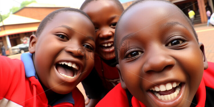 African kids taking a photo in front of the school during break time - Starpik Stock