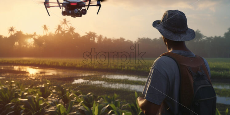 Agriculture Man working in the plantation with a drone sunset background - Starpik