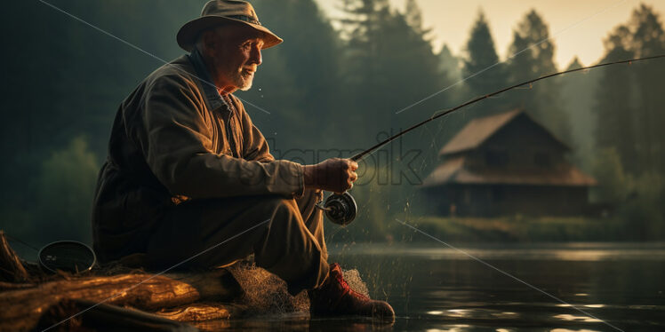 American 50 years old fisherman holding a fishing rod on a lake - Starpik Stock