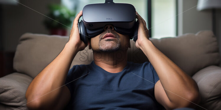 American man confused on what he sees in his new virtual reality goggles in their living room - Starpik Stock