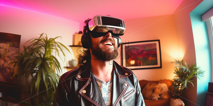 American man entertertained  by wearing virtual reality goggles in their living room  - Starpik Stock