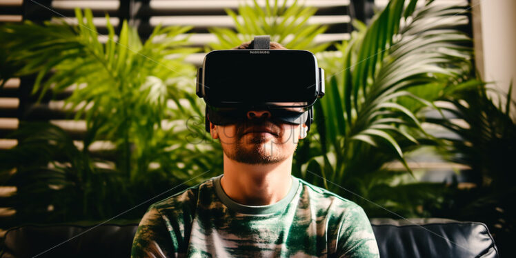 American man entertertained  by wearing virtual reality goggles in their living room - Starpik Stock