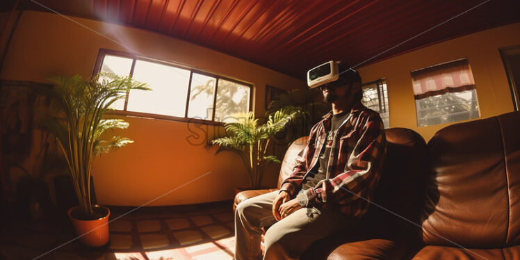 American man focused on wearing virtual reality goggles in their entertainment room surrounded by the greenery of reality - Starpik Stock