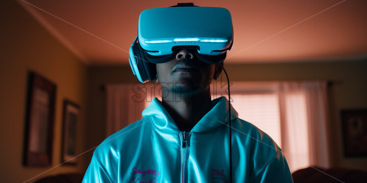 American man focused on what he sees in his new virtual reality goggles in his room - Starpik Stock