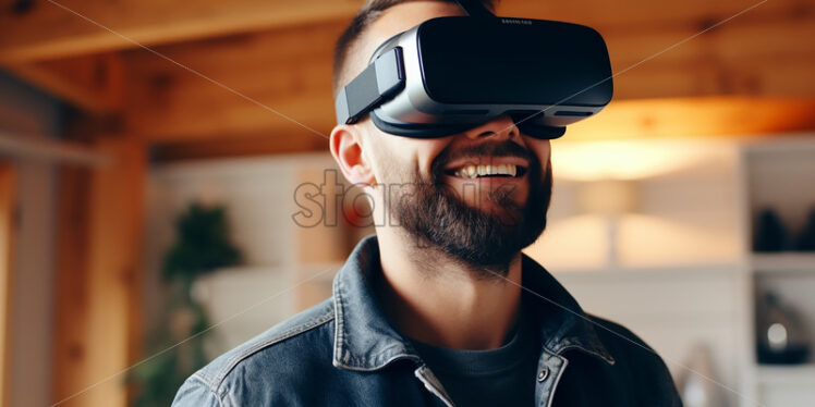 American man happily wearing his virtual reality goggles in their entertainment modern room - Starpik Stock