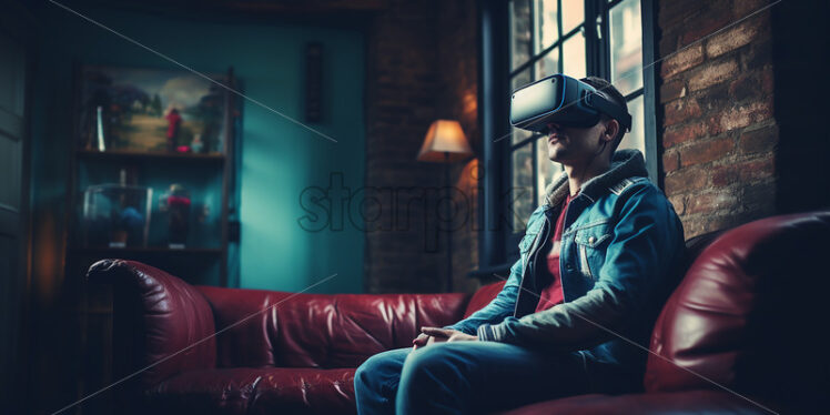 American man wearing his virtual reality goggles in their cinematic living room who focuses on his new goggles - Starpik Stock