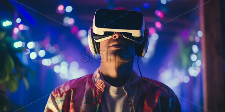 American man wearing his virtual reality goggles in their entertaining living room who focuses on his new goggles  - Starpik Stock