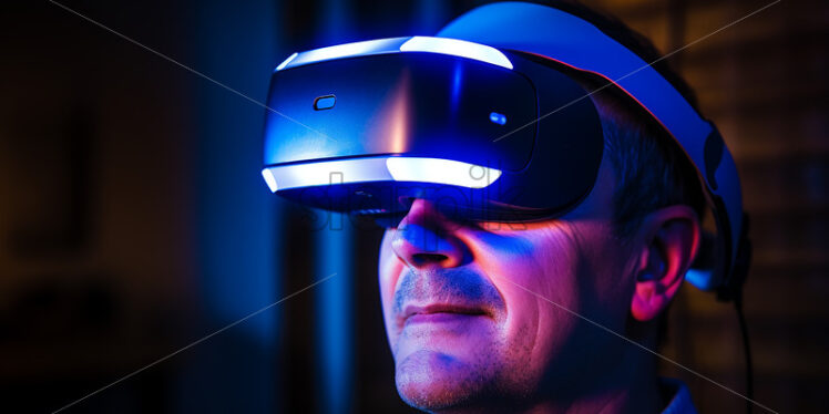 American man wearing virtual reality goggles in their entertaining living room with blue lights refelcting on the goggles - Starpik Stock