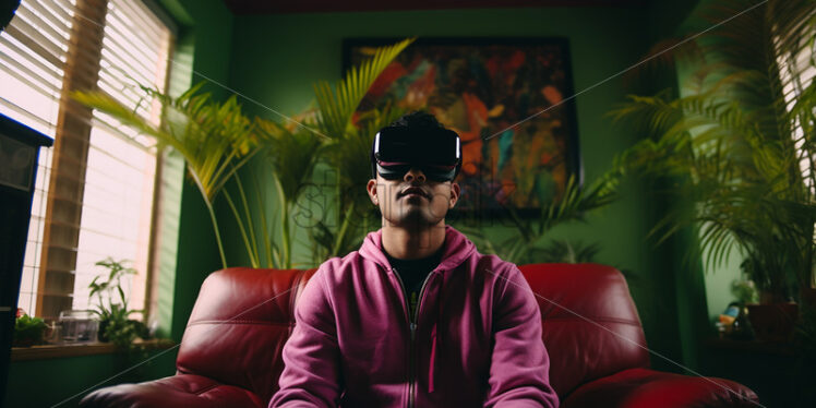 American man wearing virtual reality goggles in their entertainment room surrounded by the greenery of reality - Starpik Stock