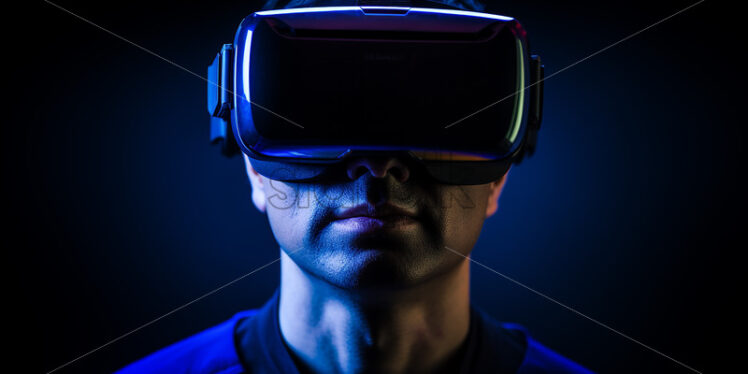 American man wearing virtual reality goggles in their entertainment room who focused on his new goggles with blue light background - Starpik Stock