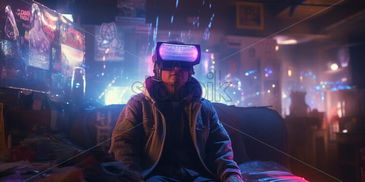 American man wearing virtual reality goggles in their entertainment room with reflection on his goggles - Starpik Stock