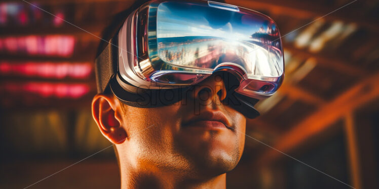 American man wearing virtual reality goggles in their entertainment room with reflection on his goggles - Starpik Stock