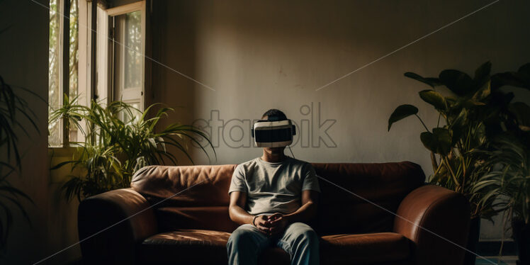 American man wearing virtual reality goggles in their living room quietly - Starpik Stock