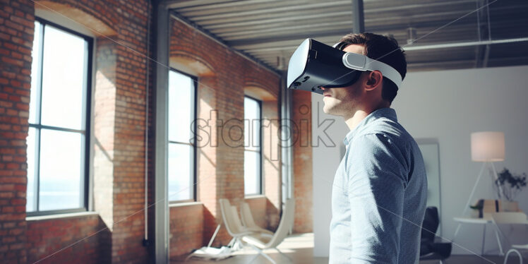 American man wearing virtual reality goggles in their spacious living room who focused on his new goggles - Starpik Stock