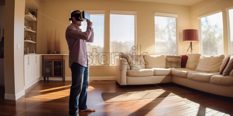 American man wearing virtual reality goggles trying it in their spacious modern living room - Starpik Stock