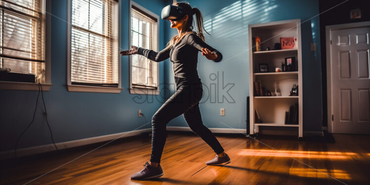 American woman dancing while her virtual reality goggles in her spacious room  - Starpik Stock