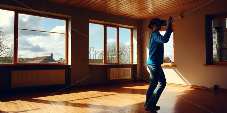 American woman enjoying his virtual reality goggles in their spacious living room  - Starpik Stock