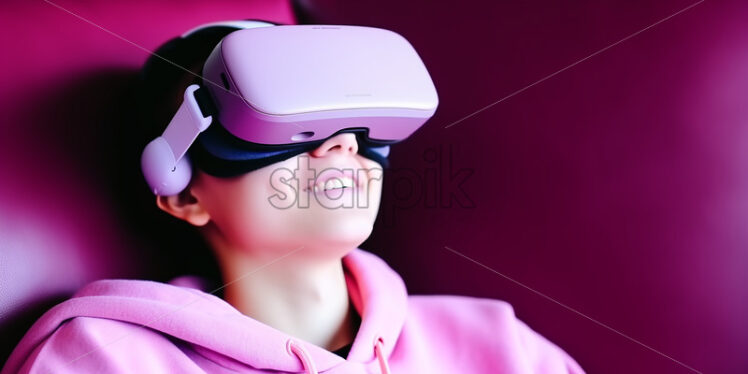 American woman enjoying what she sees in her virtual reality goggles in their entertainment room in pink colors - Starpik Stock