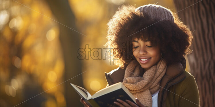 American woman reading a book in the park - Starpik Stock