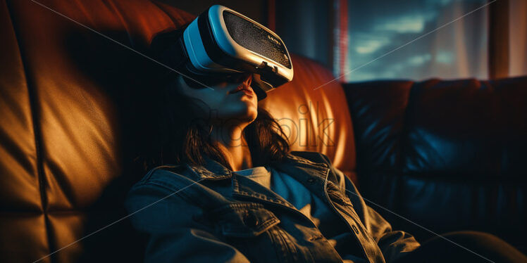 American woman wearing virtual reality goggles in their entertainment room to relax - Starpik Stock