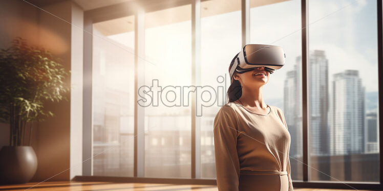 American woman wearing virtual reality goggles in their spacious living room happy on what she seeing - Starpik Stock