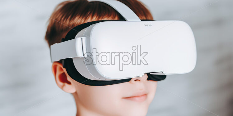 Americcan kid trying his virtual reality goggles in his room - Starpik Stock