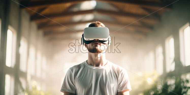 Americcan man enjoying his virtual reality goggles in their living room - Starpik Stock