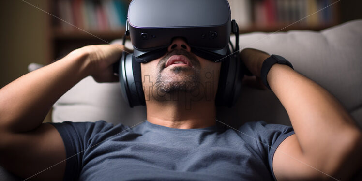 Americcan man relaxing while wearing virtual reality goggles in their library room  - Starpik Stock