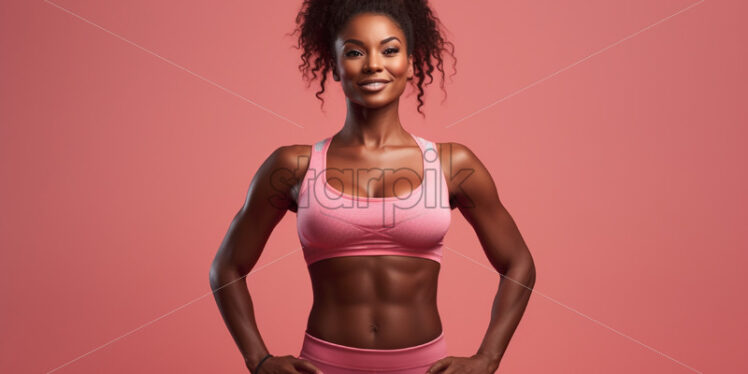 An African woman in fitness clothes on a pink background - Starpik Stock