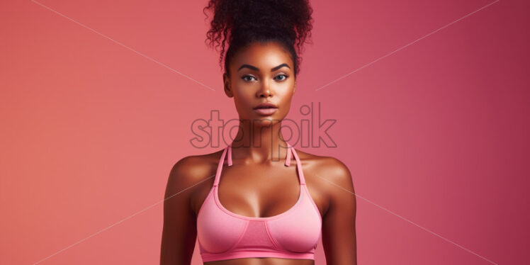 An African woman in fitness clothes on a pink background - Starpik Stock