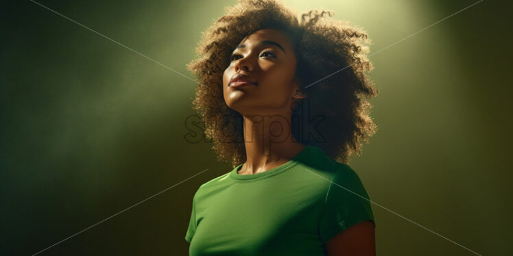 An Afro American woman in a green t-shirt - Starpik Stock