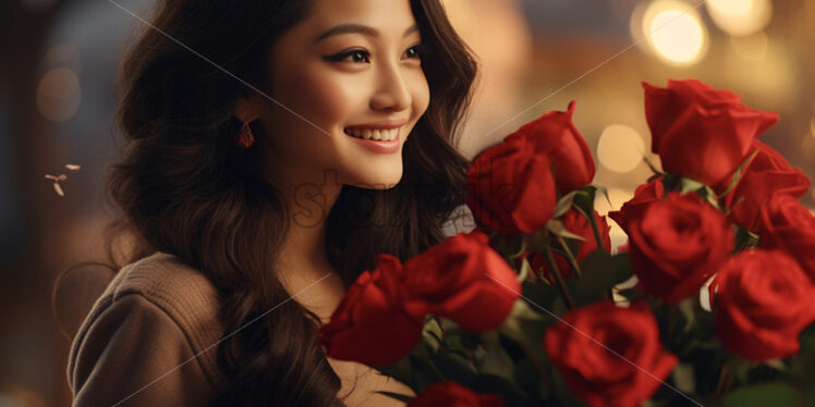 An Asian woman with a bouquet of roses in her hand - Starpik Stock