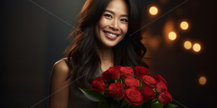 An Asian woman with a bouquet of roses in her hand - Starpik Stock