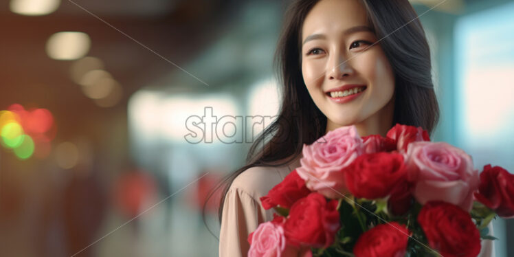 An Asian woman with a bouquet of roses in her hand - Starpik Stock