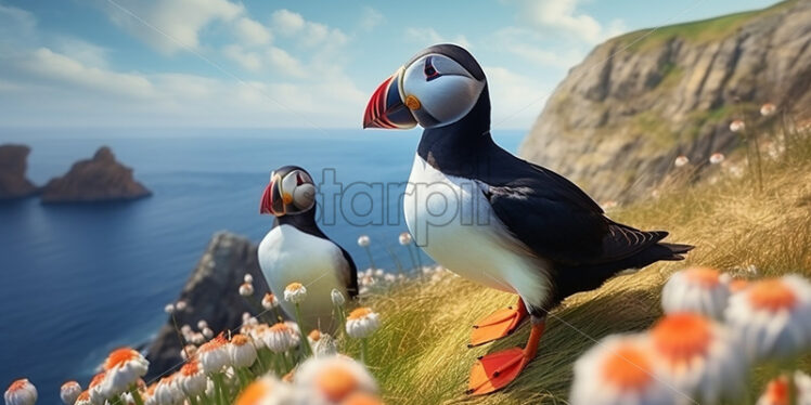 An Atlantic Puffin bird on hill - Starpik Stock