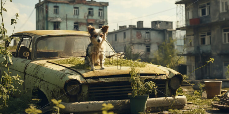 An abandoned city, and a puppy in the foreground - Starpik Stock