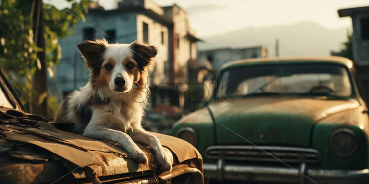 An abandoned city, and a puppy in the foreground - Starpik Stock