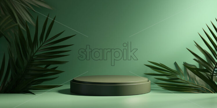 An abstract green podium with palm leaves - Starpik Stock