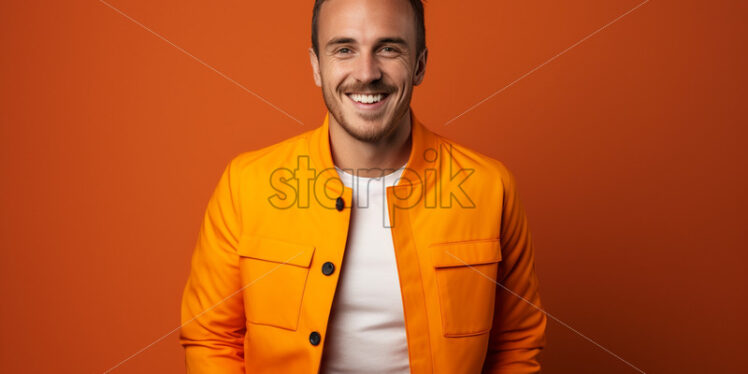 An adult model smiling pleasantly, on an orange background, dressed in orange clothes - Starpik Stock