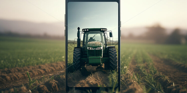 An agricultural field and a phone on the screen of which there is a tractor - Starpik Stock