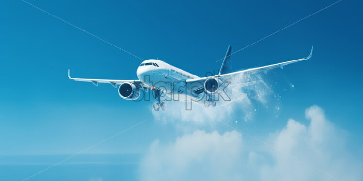 An airplane airplane flying in the air against the background of a water spray and blue sky - Starpik Stock