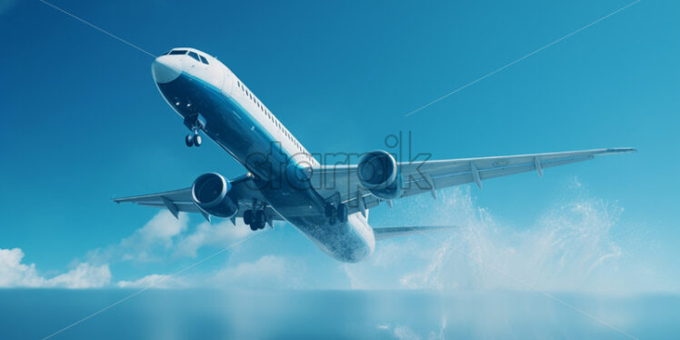 An airplane airplane flying in the air against the background of a water spray and blue sky - Starpik Stock