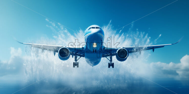 An airplane airplane flying in the air against the background of a water spray and blue sky - Starpik Stock