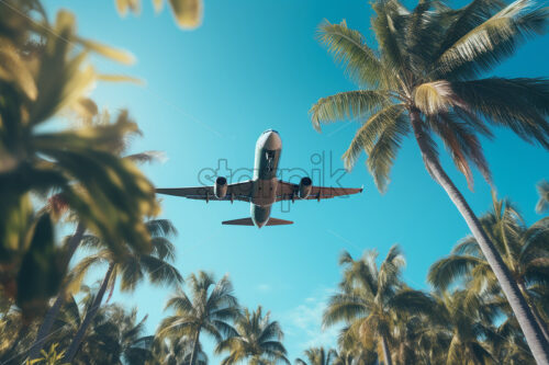 An airplane flying over some palm trees - Starpik Stock