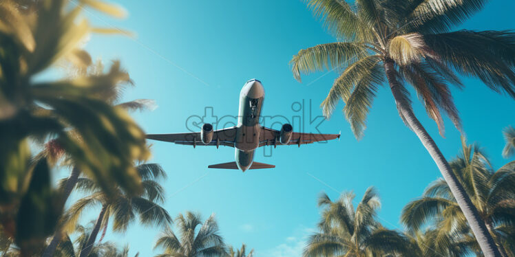 An airplane flying over some palm trees - Starpik Stock