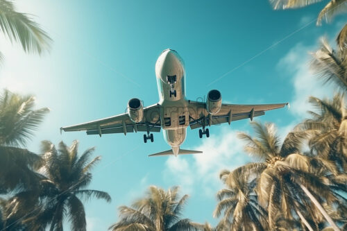 An airplane flying over some palm trees - Starpik Stock