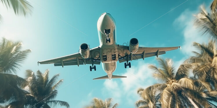 An airplane flying over some palm trees - Starpik Stock