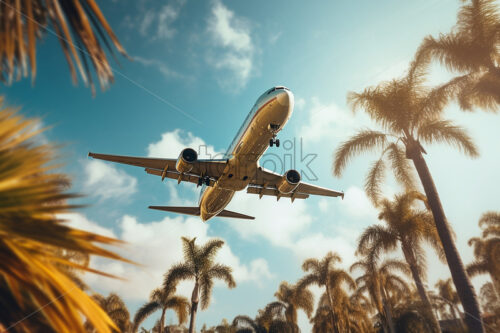 An airplane flying over some palm trees - Starpik Stock