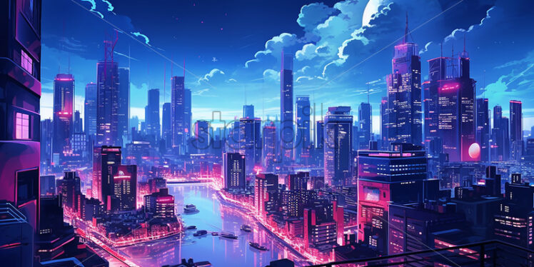 An anime-style city at night, created in 2d software - Starpik Stock