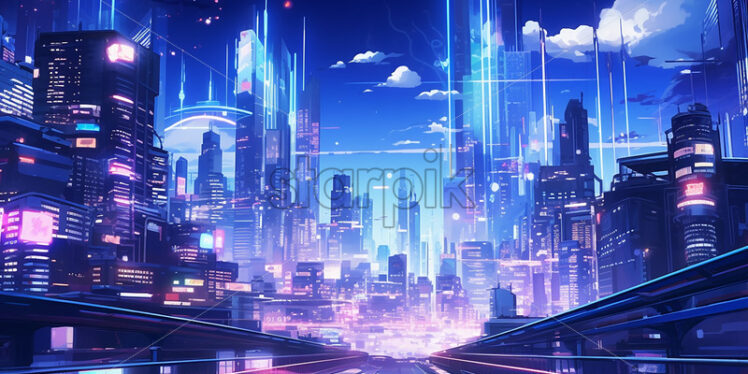 An anime-style city at night, created in 2d software - Starpik Stock